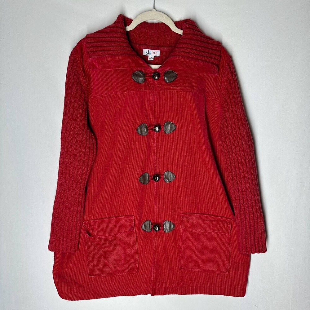 D&Co. Womens Knit Jacket Coat Red Frog Closure Ribbed Collar 100% Cotton Plus 1X